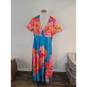 Stylewe Womens XL Floral Abstract Satin V-Neck Maxi Dress Blue Pink Short Sleeve